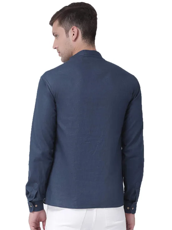 Navy_Blue_Cotton_White_Full_Sleeve_Regular_Fit_Plain_Short_Kurta_For_Men