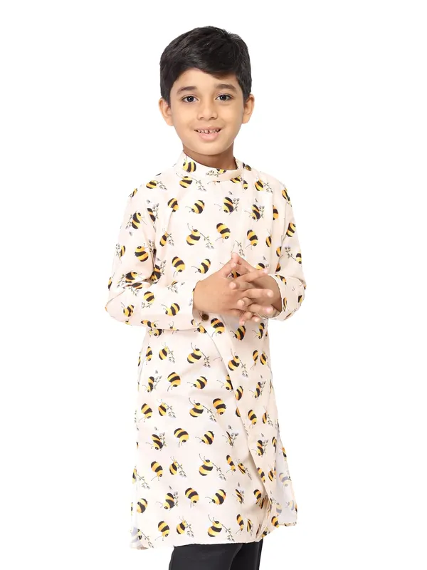 Beige_Cotton_Beige_Full_Sleeve_Regular_Printed_Kurta_For_Kids
