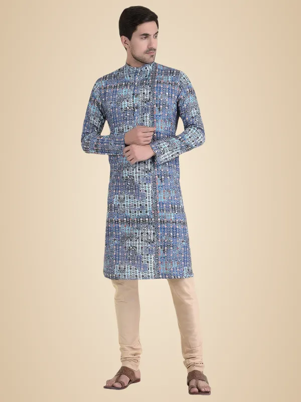 Blue_Cotton_Peach_Full_Sleeves_Regular_Printed_Kurta_Churidar_Set_For_Men