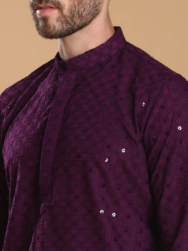 Purple_Cotton_Full_Sleeve_Regular_Fit_Embroidery_Purple_Kurta_For_Men