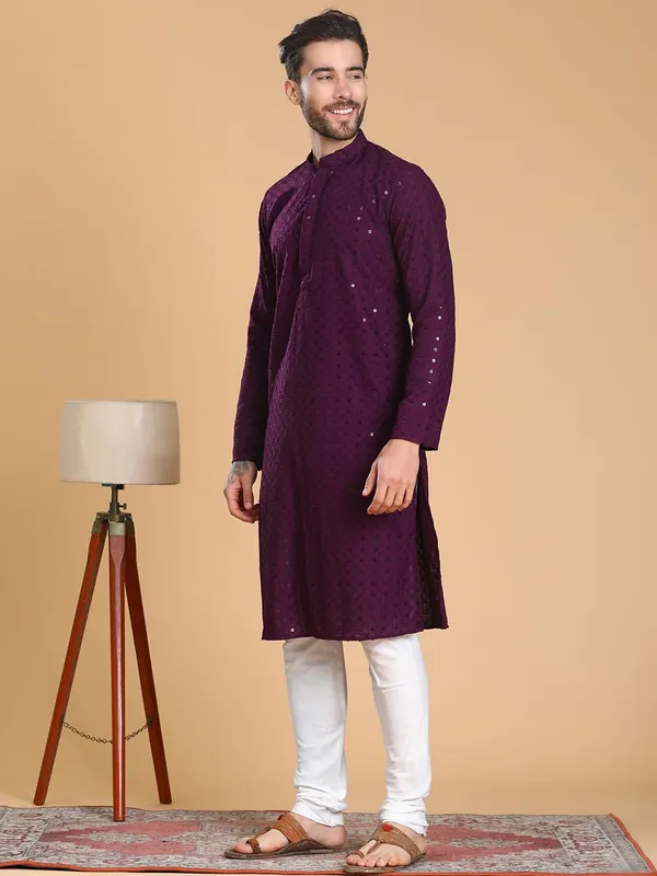 Purple_Cotton_Full_Sleeve_Regular_Fit_Embroidery_Purple_Kurta_For_Men