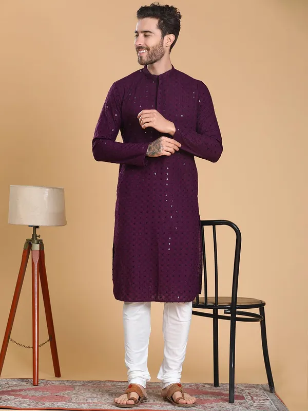 Purple_Cotton_Full_Sleeve_Regular_Fit_Embroidery_Purple_Kurta_For_Men
