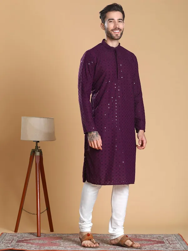 Purple_Cotton_Full_Sleeve_Regular_Fit_Embroidery_Purple_Kurta_For_Men