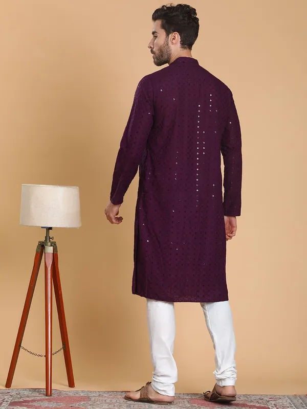 Purple_Cotton_Full_Sleeve_Regular_Fit_Embroidery_Purple_Kurta_For_Men