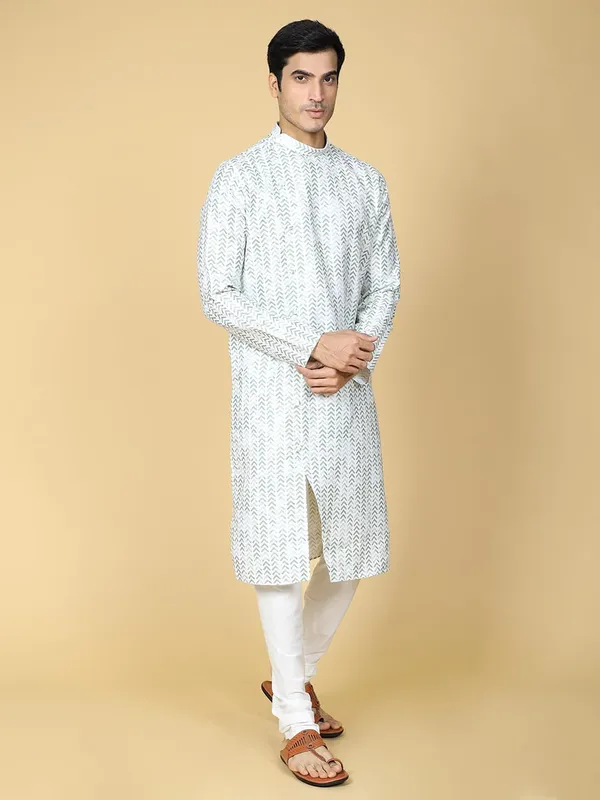 White_Cotton_Full_Sleeve_Regular_Printed_Kurta_Set_For_Men