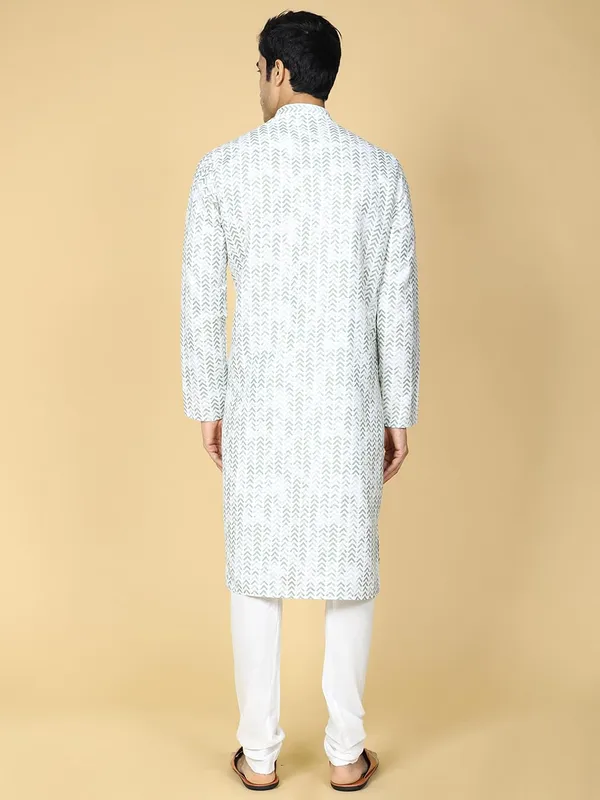 White_Cotton_Full_Sleeve_Regular_Printed_Kurta_Set_For_Men