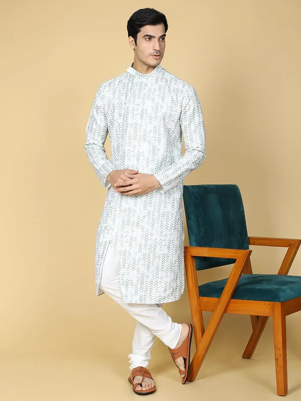White_Cotton_Full_Sleeve_Regular_Printed_Kurta_Set_For_Men