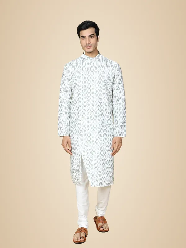 White_Cotton_Full_Sleeve_Regular_Printed_Kurta_Set_For_Men
