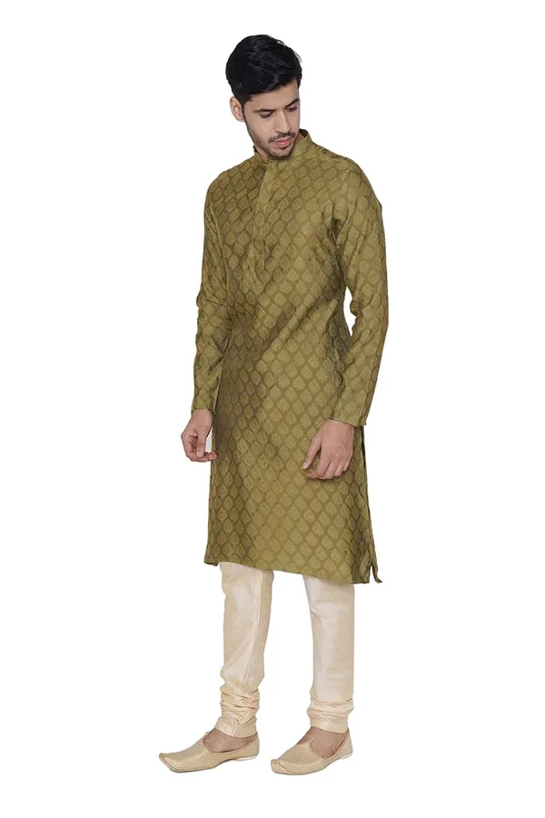 Green_Jacquard_Full_Sleeve_Regular_Printed_Kurta_Set_For_Men