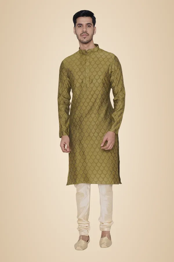 Green_Jacquard_Full_Sleeve_Regular_Printed_Kurta_Set_For_Men
