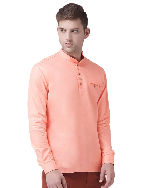 Pink_Cotton_White_Full_Sleeve_Regular_Fit_Plain_Short_Kurta_For_Men