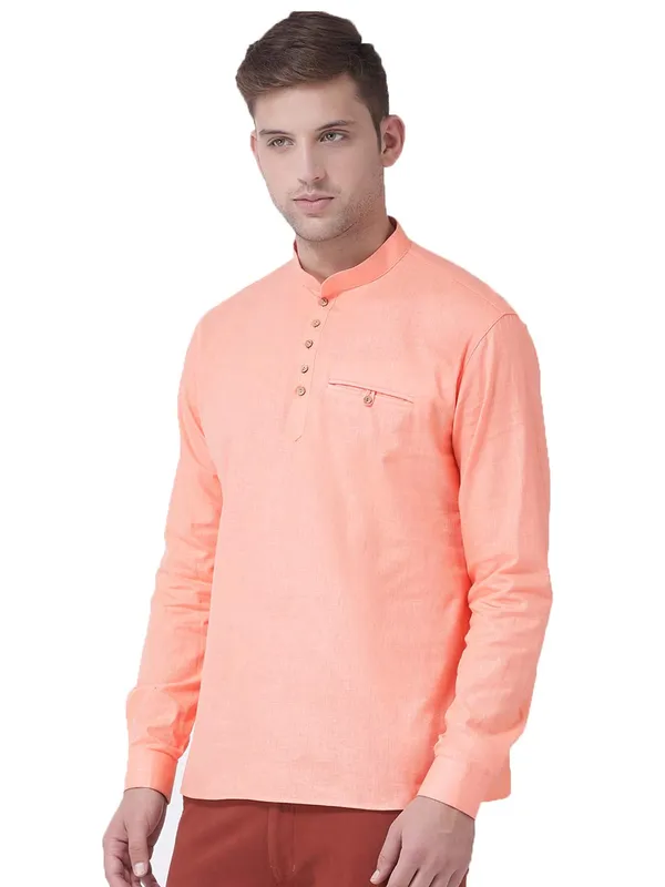 Pink_Cotton_White_Full_Sleeve_Regular_Fit_Plain_Short_Kurta_For_Men