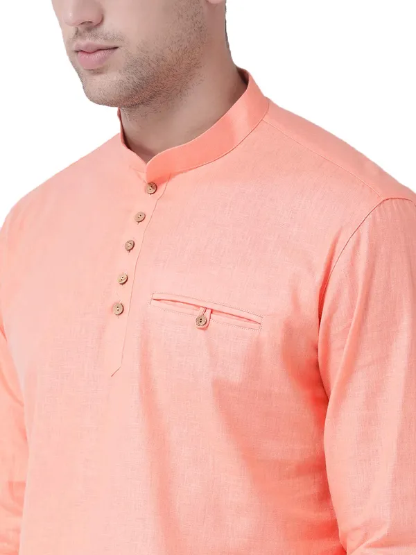 Pink_Cotton_White_Full_Sleeve_Regular_Fit_Plain_Short_Kurta_For_Men
