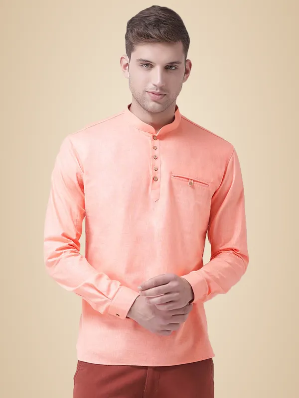 Pink_Cotton_White_Full_Sleeve_Regular_Fit_Plain_Short_Kurta_For_Men