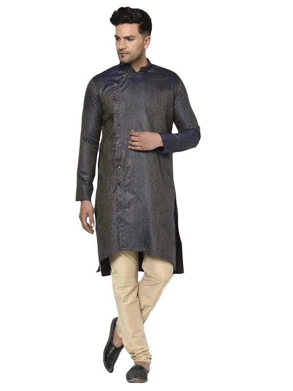 Dark_Blue_Jacquard_Full_Sleeve_Regular_Printed_Kurta_Churidar_Set_For_Men