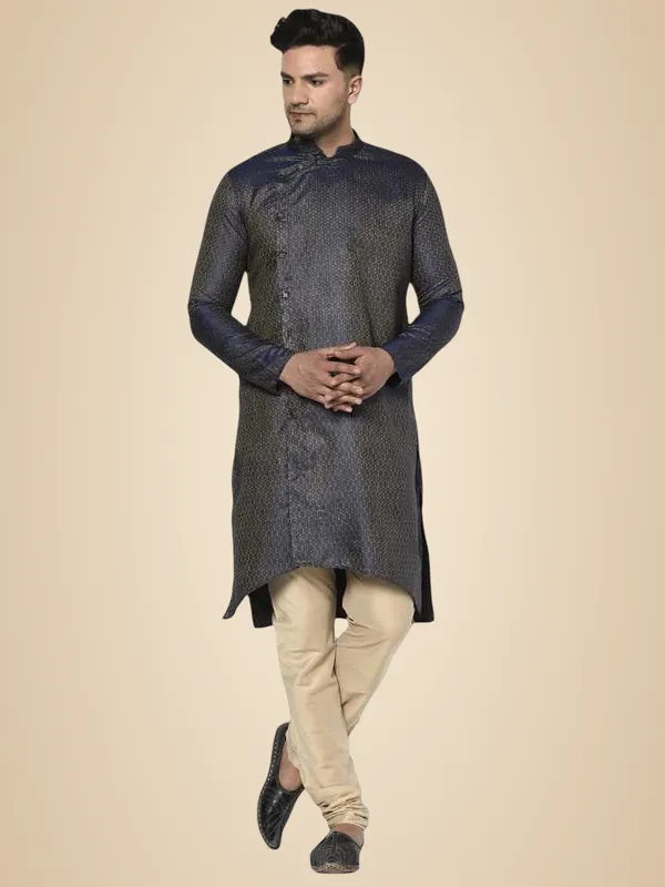 Dark_Blue_Jacquard_Full_Sleeve_Regular_Printed_Kurta_Churidar_Set_For_Men