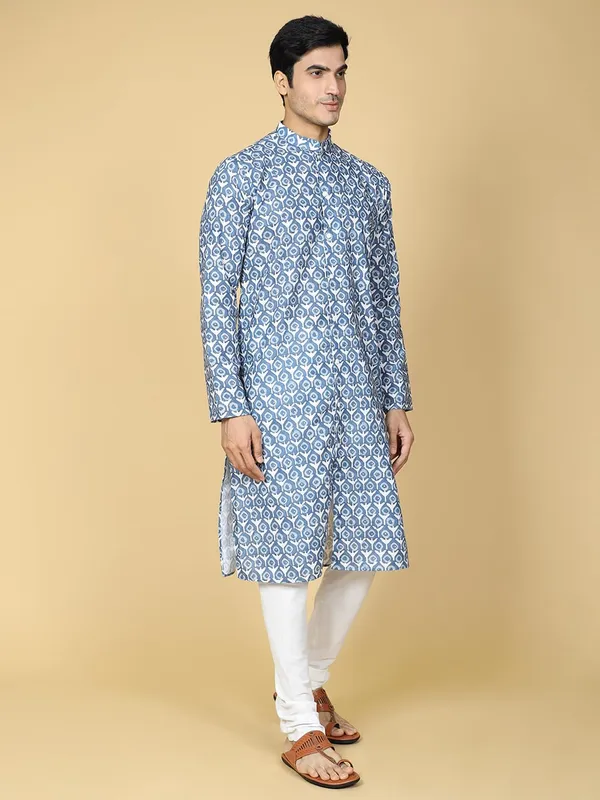 Blue_Cotton_Full_Sleeves_Regular_Printed_Kurta_Set_For_Men