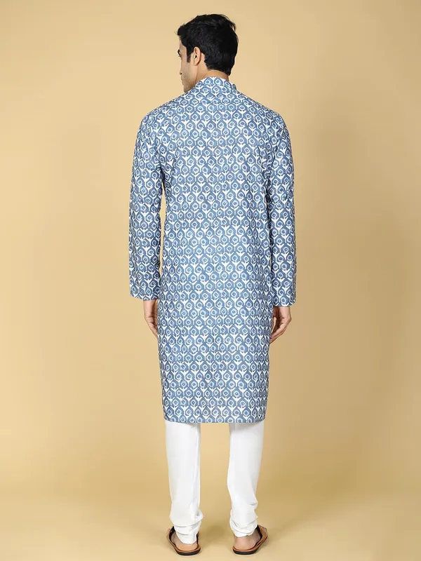 Blue_Cotton_Full_Sleeves_Regular_Printed_Kurta_Set_For_Men