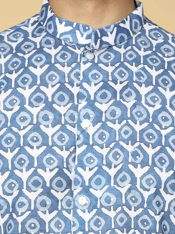Blue_Cotton_Full_Sleeves_Regular_Printed_Kurta_Set_For_Men