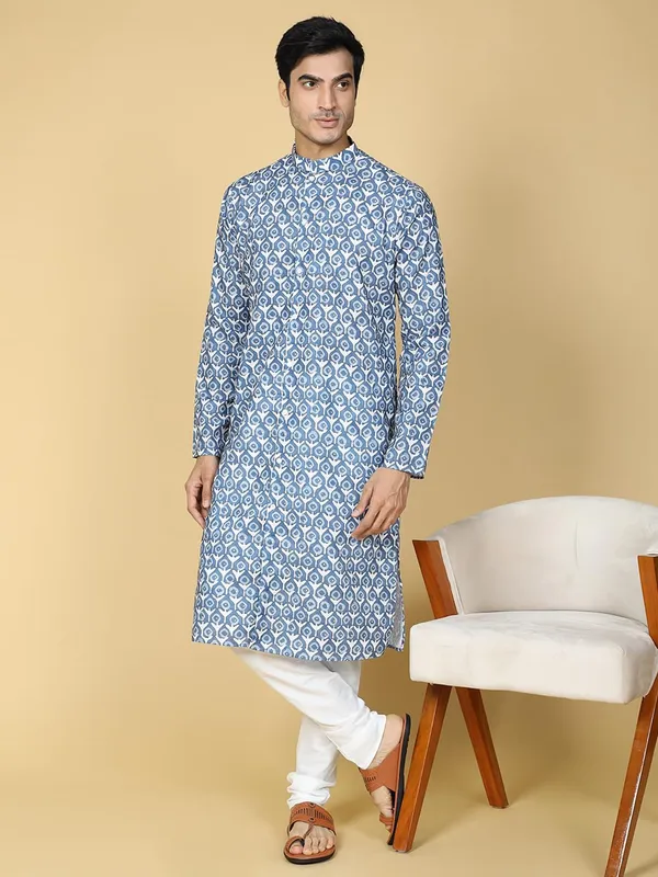 Blue_Cotton_Full_Sleeves_Regular_Printed_Kurta_Set_For_Men