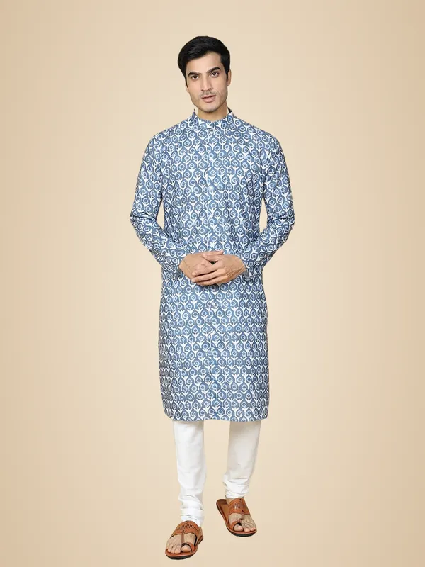 Blue_Cotton_Full_Sleeves_Regular_Printed_Kurta_Set_For_Men