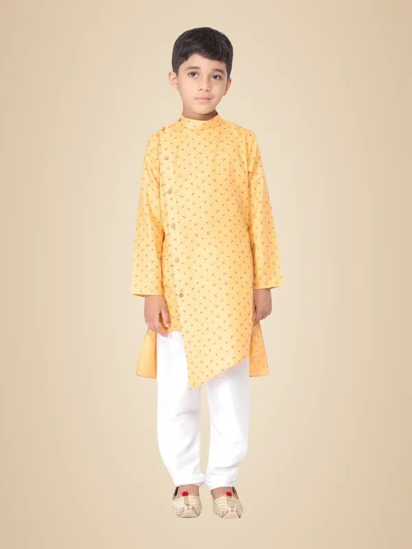 Yellow_Cotton_Full_Sleeve_Regular_Fit_Printed_Kurta_Churidar_For_Kids