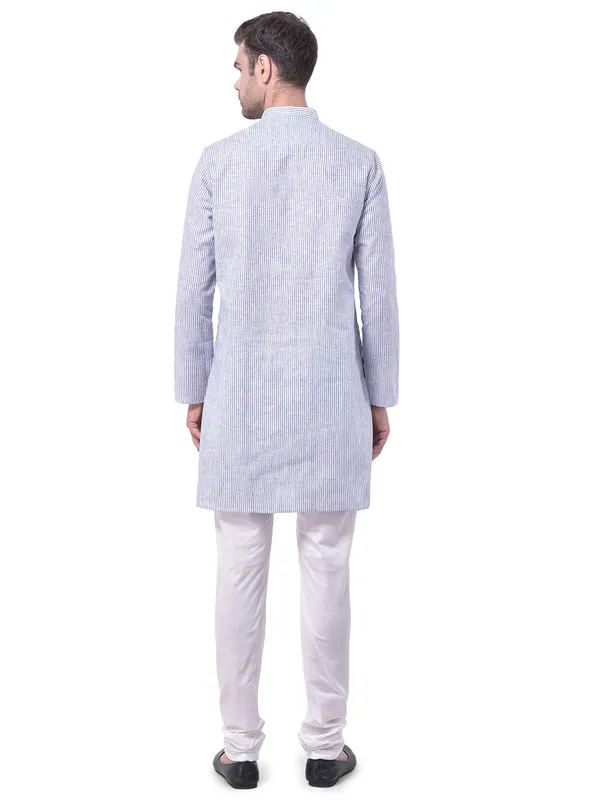 Blue_Cotton_Linen_Full_Sleeves_Regular_Stripe_Kurta_Churidar_Set_For_Men