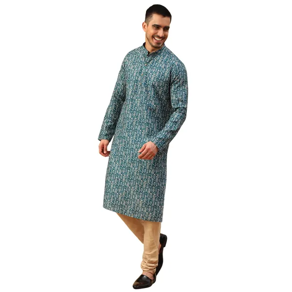 Green_Cotton_Full_Sleeve_Regular_Fit_Printed_Kurta_For_Men