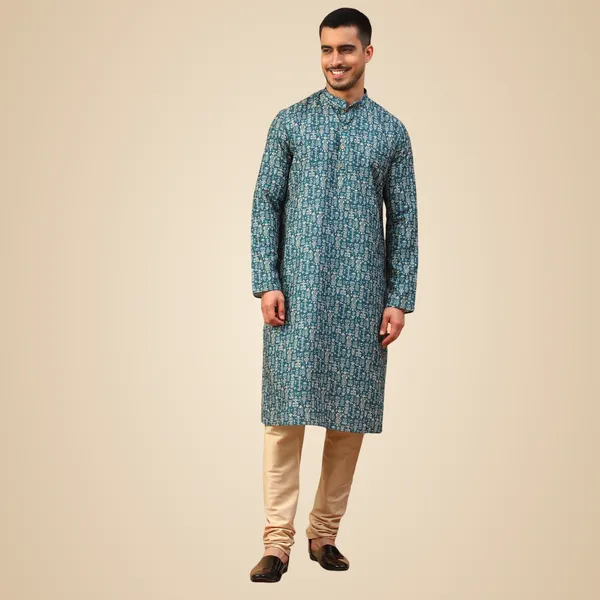 Green_Cotton_Full_Sleeve_Regular_Fit_Printed_Kurta_For_Men