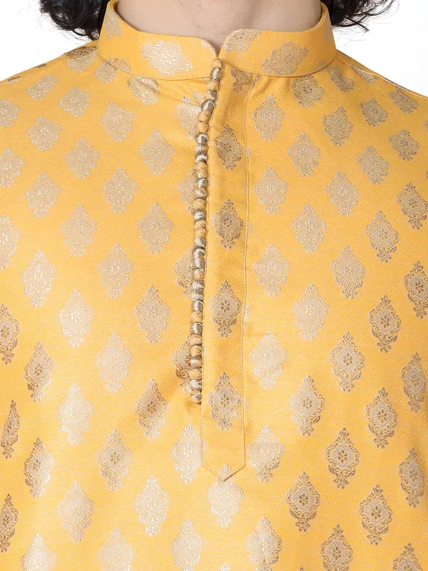 Yellow_Silk_Blend_Full_Sleeves_Regular_Jacquard_Kurta_Churidar_Set_For_Men