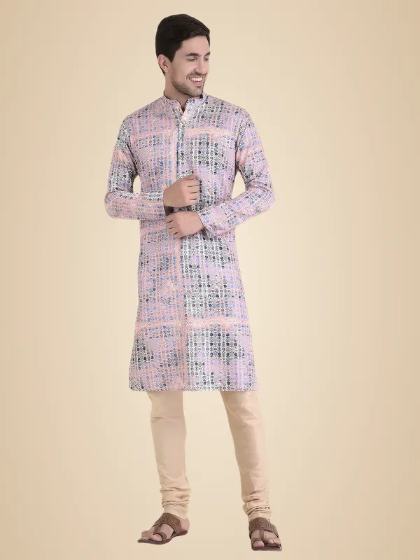 Peach_Cotton_Peach_Full_Sleeve_Regular_Fit_Printed_Kurta_For_Men