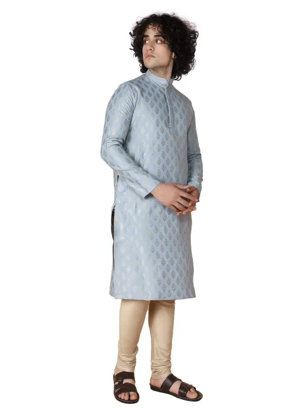 Blue_Silk_Blend_Full_Sleeve_Regular_Fit_Jacquard_Kurta_For_Men