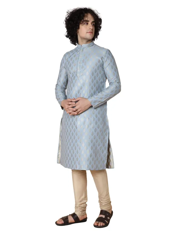 Blue_Silk_Blend_Full_Sleeve_Regular_Fit_Jacquard_Kurta_For_Men