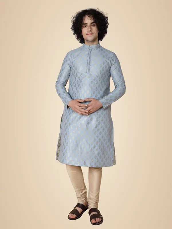 Blue_Silk_Blend_Full_Sleeve_Regular_Fit_Jacquard_Kurta_For_Men