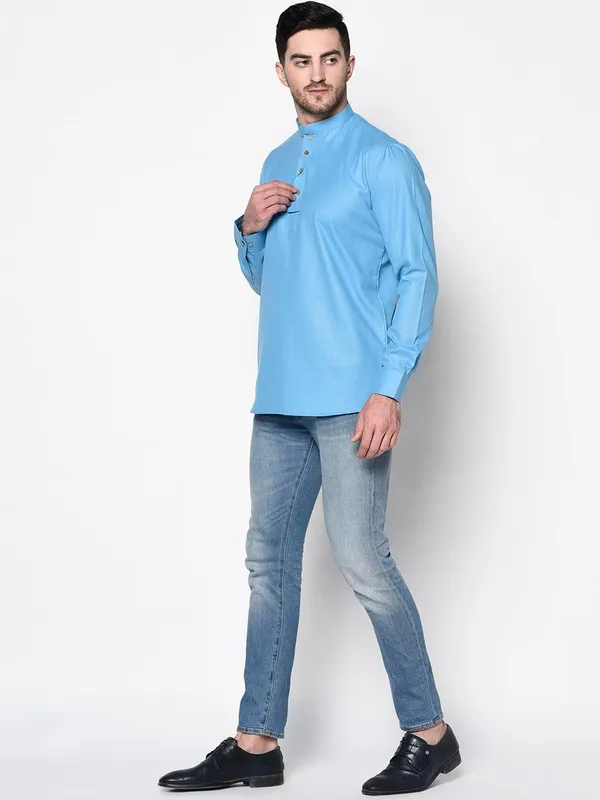 Light_Blue_Full_Sleeve_Regular_Plain_Kurta_For_Men