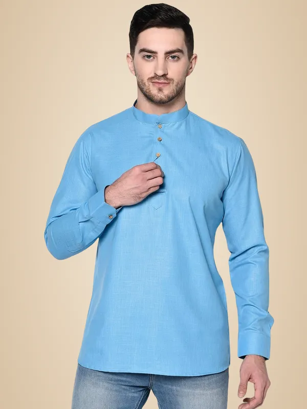 Light_Blue_Full_Sleeve_Regular_Plain_Kurta_For_Men