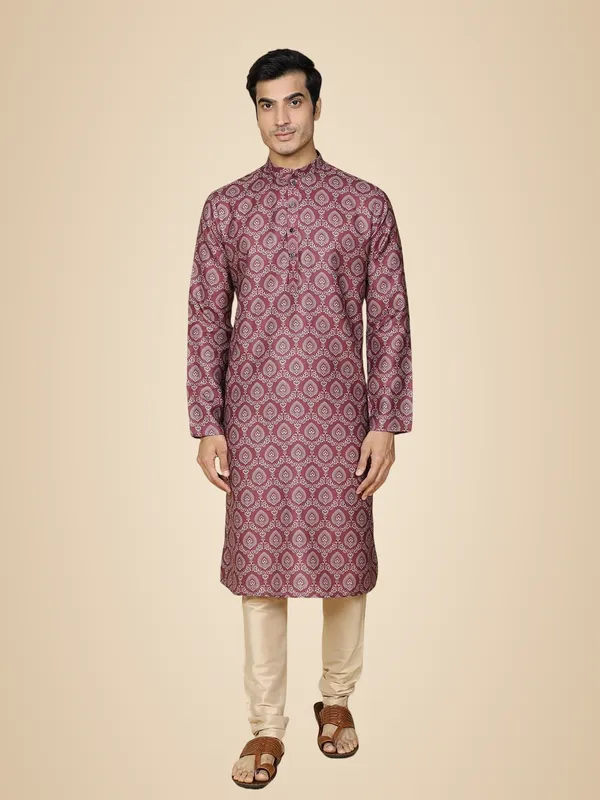 Maroon_Pure_Cotton_Full_Sleeves_Regular_Printed_Ethnic_Kurta_Set_For_Men