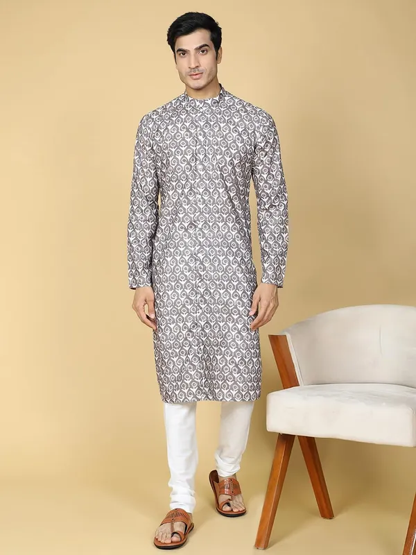 Brown_Cotton_Full_Sleeves_Regular_Printed_Kurta_Set_For_Men