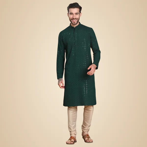 Green_Cotton_Full_Sleeve_Regular_Fit_Embroidery_Green_Kurta_For_Men