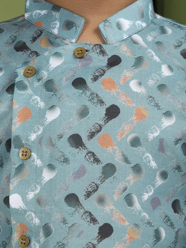 Green_Cotton_Full_Sleeve_Regular_Fit_Printed_Green_Kurta_Churidar_Set_For_Boy