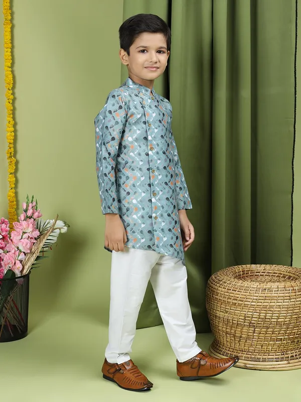 Green_Cotton_Full_Sleeve_Regular_Fit_Printed_Green_Kurta_Churidar_Set_For_Boy