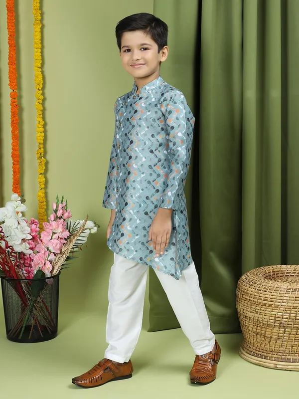 Green_Cotton_Full_Sleeve_Regular_Fit_Printed_Green_Kurta_Churidar_Set_For_Boy