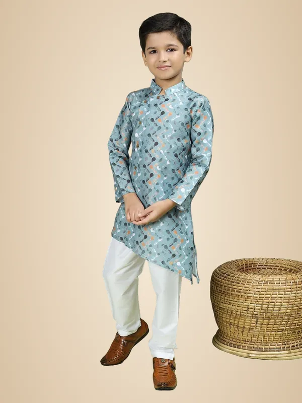 Green_Cotton_Full_Sleeve_Regular_Fit_Printed_Green_Kurta_Churidar_Set_For_Boy