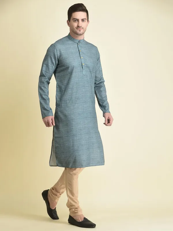 Blue_Cotton_Blue_Full_Sleeve_Regular_Fit_Printed_Kurta_Set_For_Men