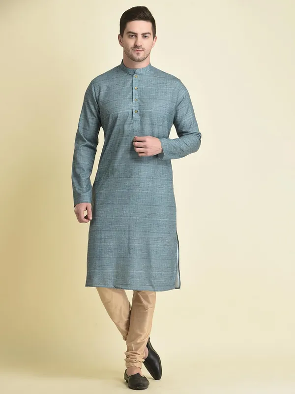 Blue_Cotton_Blue_Full_Sleeve_Regular_Fit_Printed_Kurta_Set_For_Men