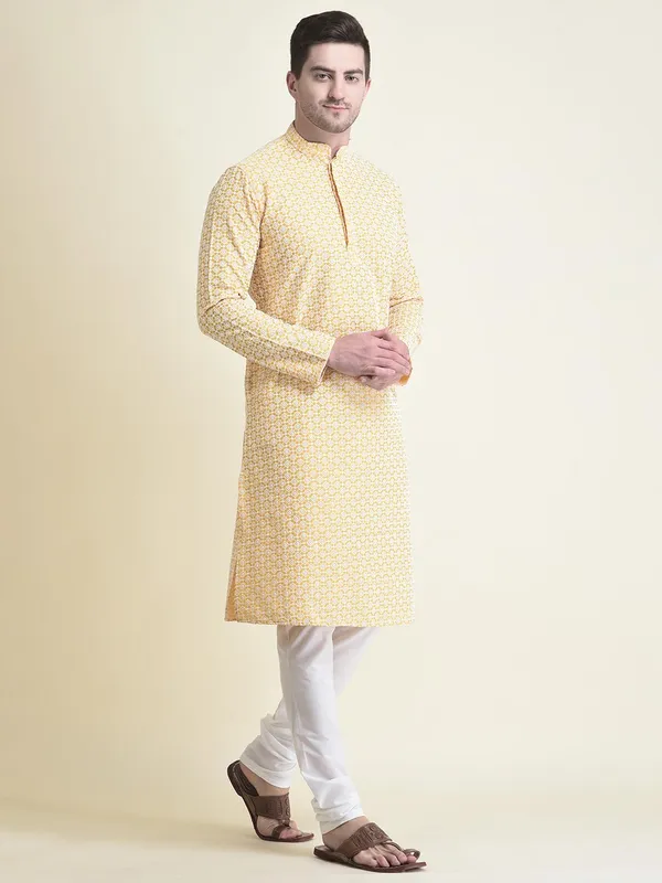 Yellow_Cotton_Full_Sleeve_Regular_Fit_Chikankari_Embroidery_Kurta_Set_For_Men