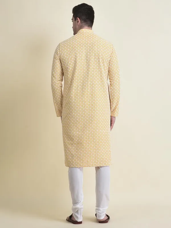 Yellow_Cotton_Full_Sleeve_Regular_Fit_Chikankari_Embroidery_Kurta_Set_For_Men