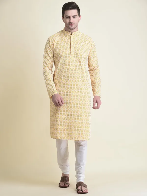 Yellow_Cotton_Full_Sleeve_Regular_Fit_Chikankari_Embroidery_Kurta_Set_For_Men