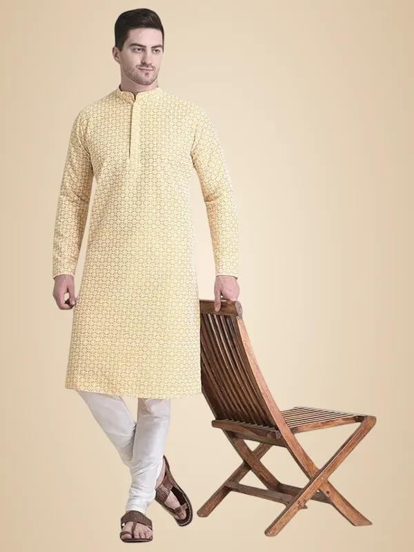 Yellow_Cotton_Full_Sleeve_Regular_Fit_Chikankari_Embroidery_Kurta_Set_For_Men