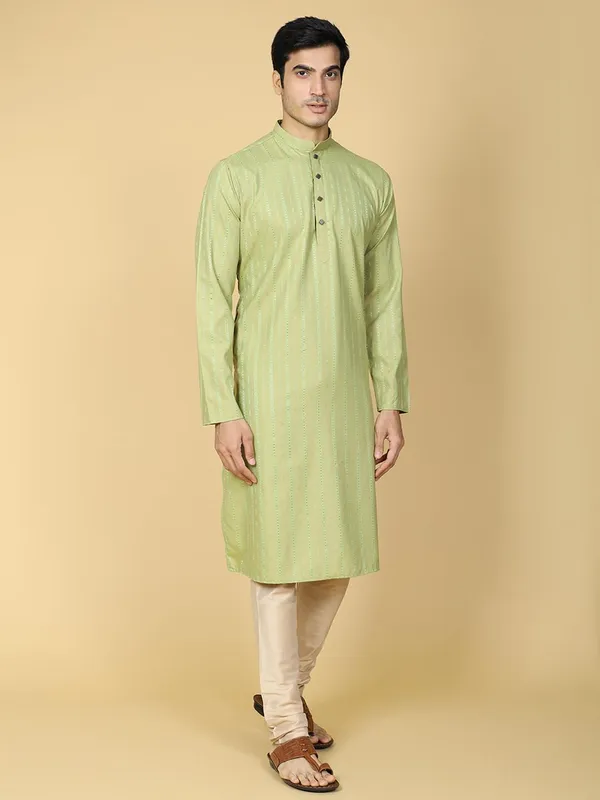 Green_Cotton_Full_Sleeve_Regular_Fit_Striped_Green_Kurta_For_Men